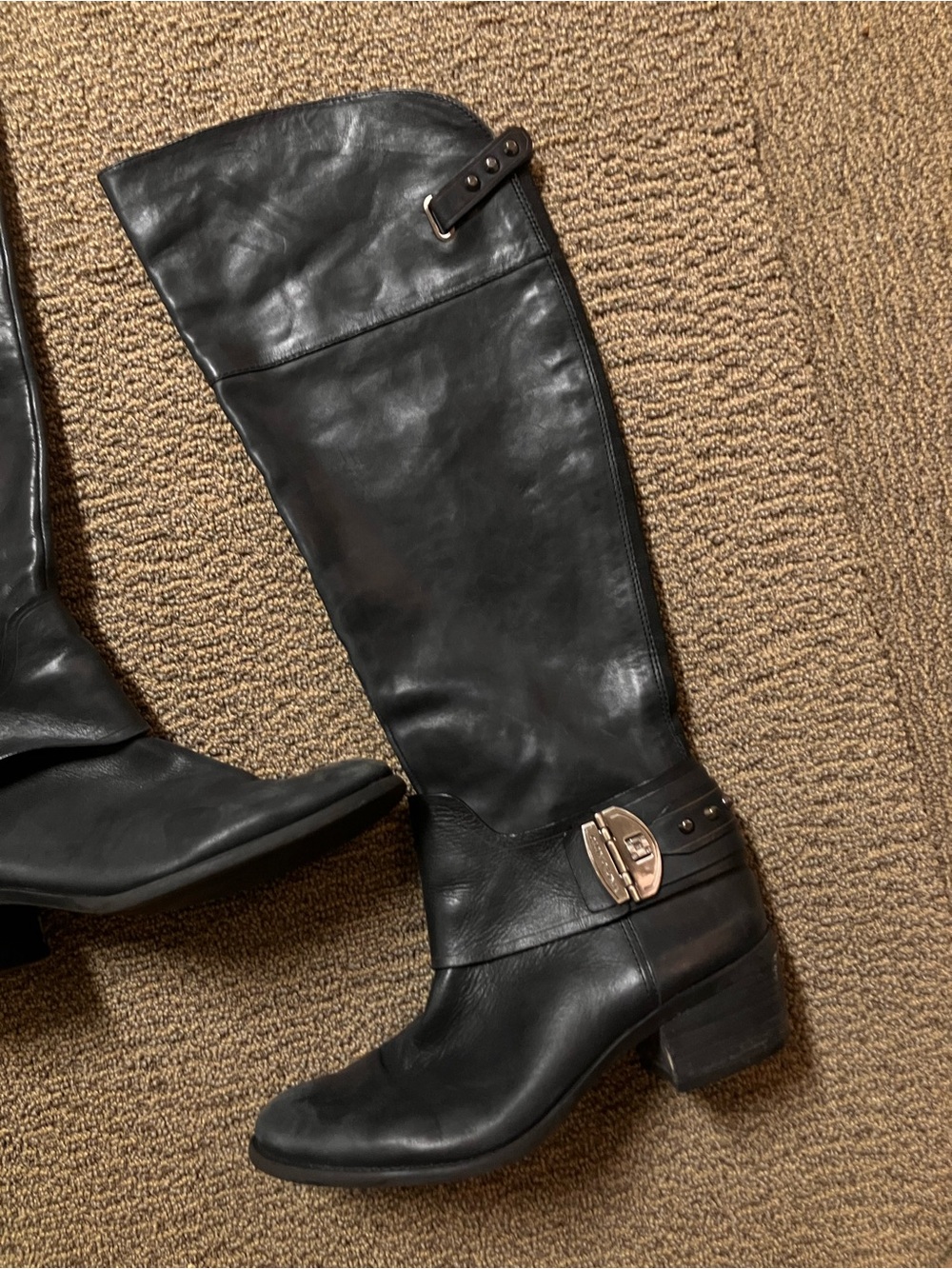 Vince Camuto Black Leather Knee-High Buckle Riding Boots